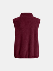 Burgundy teddy fleece stand-collar vest with elastic hem