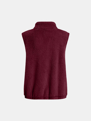 Burgundy teddy fleece stand-collar vest with elastic hem