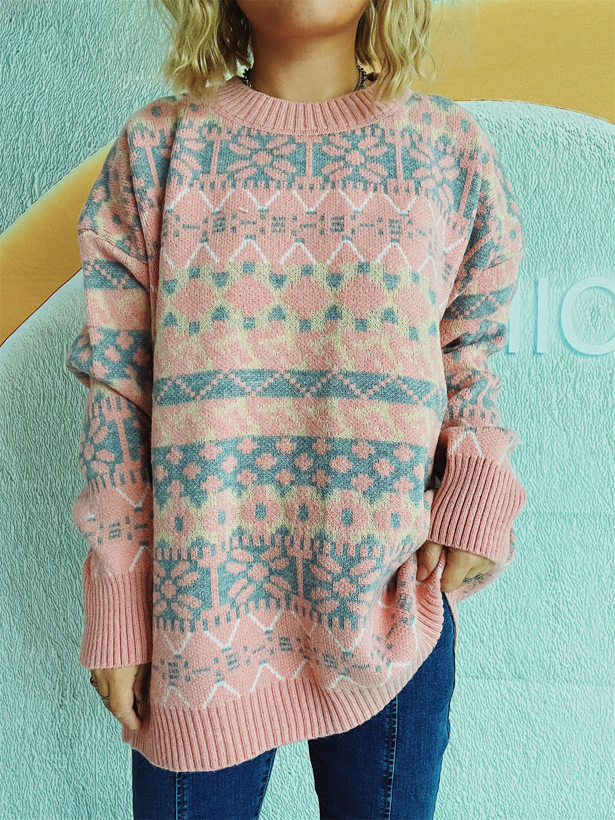Fair Isle knit oversized sweater in pink with crewneck and long sleeves.