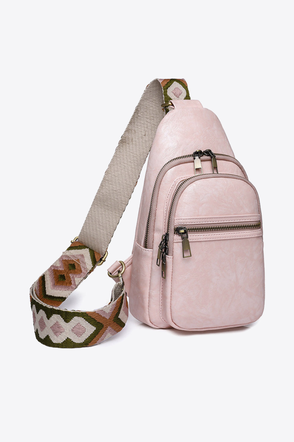 Blush pink sling bag with geometric strap and multiple zip pockets