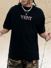 Black cotton crew neck t-shirt with red and white VENT graphic detail