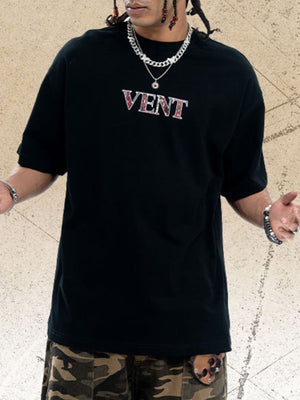 Black cotton crew neck t-shirt with red and white VENT graphic detail
