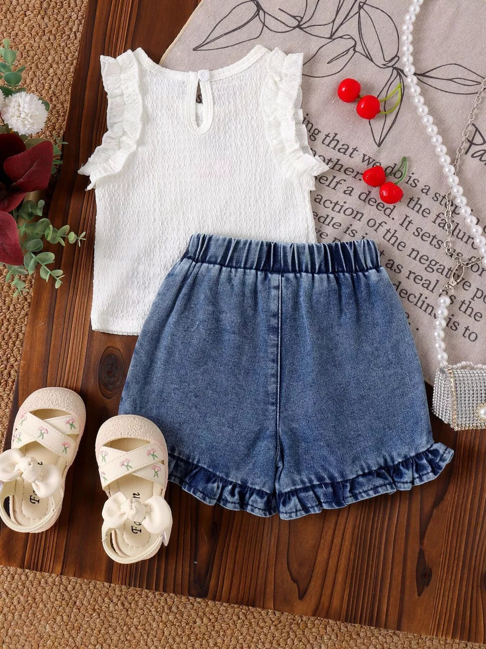Children's Cherry Embroidered Top And Denim Shorts Set in White, back view