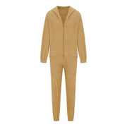 Tan fleece hoodie and jogger set with zip front and pockets