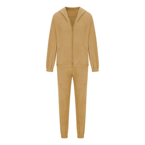 Tan fleece hoodie and jogger set with zip front and pockets