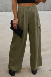 Army green wide-leg pleated cargo pants with a relaxed fit and utility pockets.