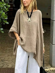 Full Size Loose Fit Asymmetrical Hem Top in Navy Blue, front view