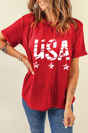 Red USA graphic tee with distressed lettering and stars, short sleeves, cotton blend.