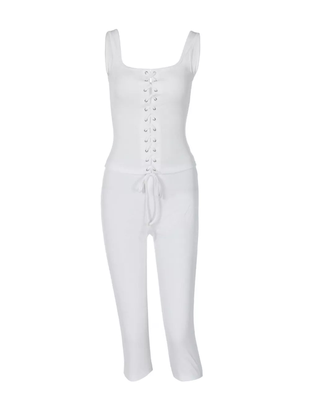 White ribbed lace-up tank top and capri pants activewear set