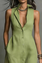 Sage green sleeveless maxi dress with button front and pockets