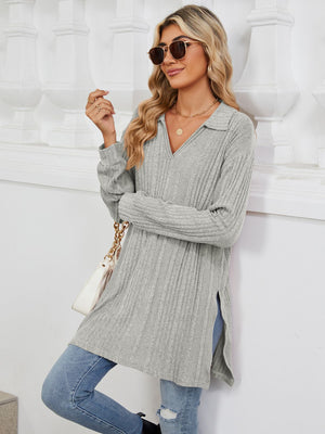 Light Gray ribbed knit collared tunic top with slit hem and long sleeves.