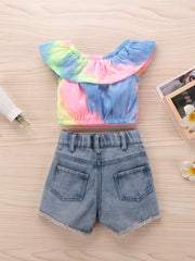 Children's Tie-dye Ruffle Crop Top & Shorts Set in Blue, editorial view