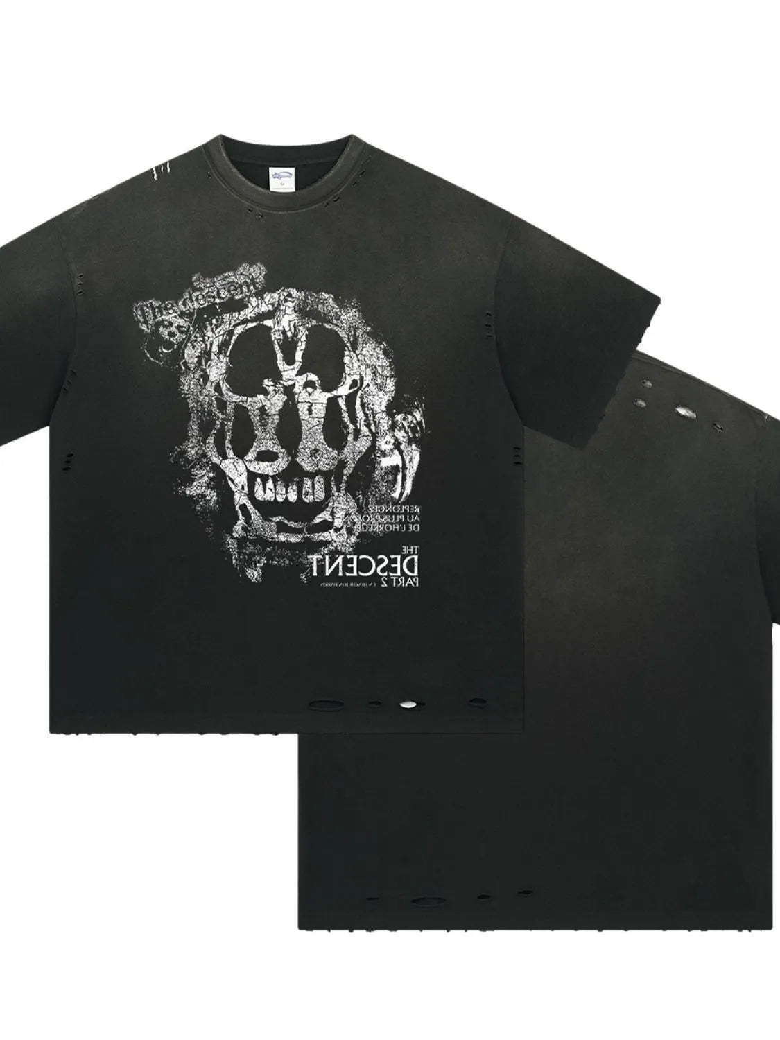 Black distressed graphic tee with skull print and ripped details