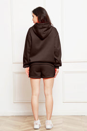 Chocolate hooded loungewear set with matching shorts.