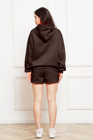 Chocolate hooded loungewear set with matching shorts.