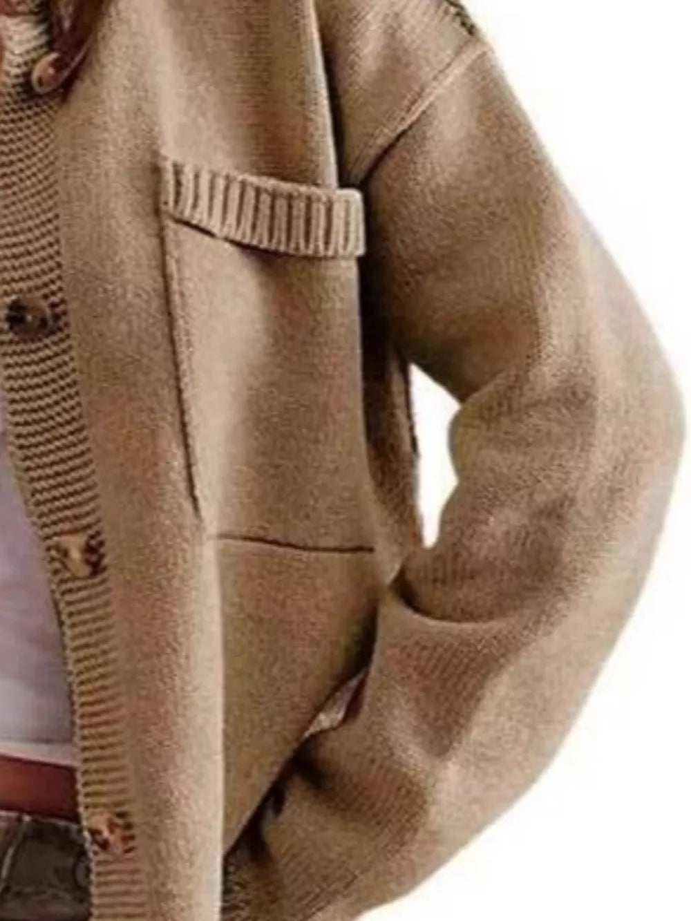 Brown knit cardigan with button front and ribbed patch pocket detail.
