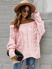 Dusty Pink cable knit off-shoulder sweater with open knit details and slouchy fit.