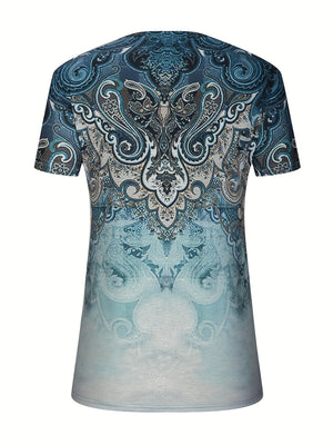 Bohemian tapestry henley blouse in French Blue with ornate paisley print.