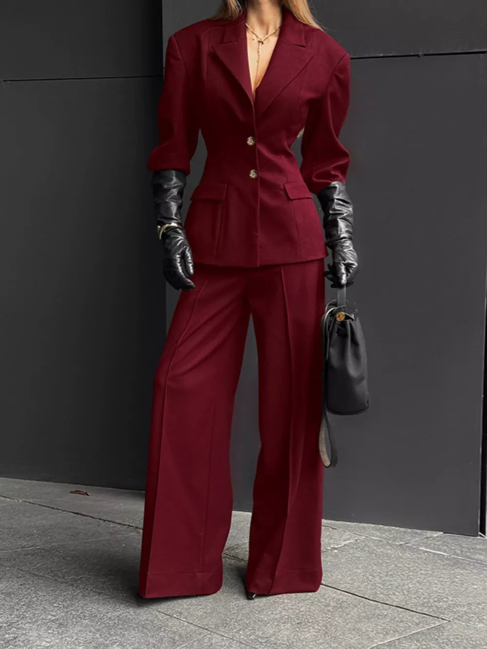 Single-breasted Blazer And Wide-leg Pants Set in Black, front view