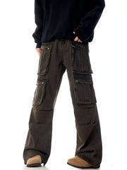 Men's relaxed fit cargo pants in washed brown with multiple flap pockets and a casual style.