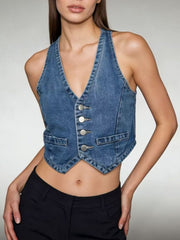 Light blue denim cropped vest with button-down front and V-neck