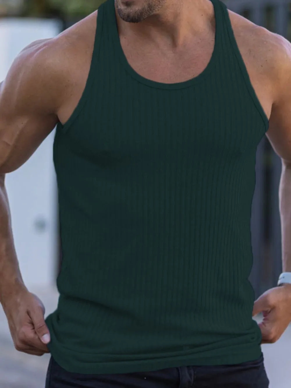 Ribbed muscle tank top in Black Forest, sculpted fit, crew neck, sleeveless