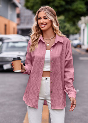 Dusty Pink textured overshirt with relaxed fit, buttoned front, and spread collar.