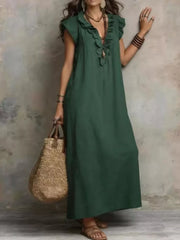 Bohemian Ruffle Neck Maxi Dress Plus Size in Blue, model styling view