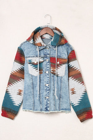 Denim hoodie jacket with Southwestern print on sleeves and hood, light blue wash cotton.
