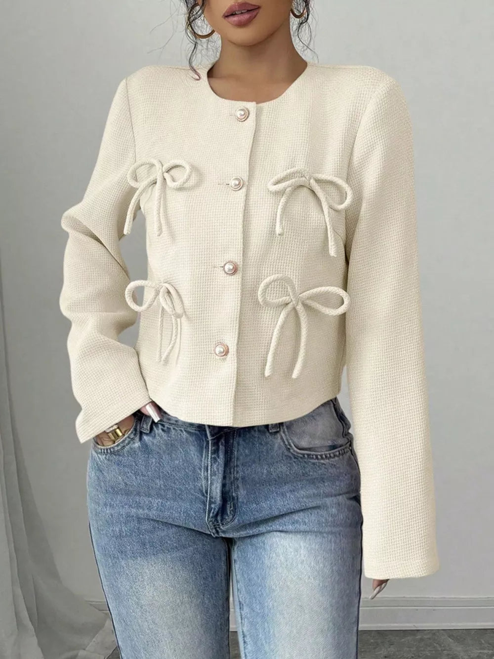Chic Bow-embellished Cropped Jacket