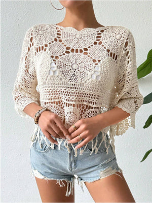 Crochet medallion fringe top in Dust Storm with a boat neck and 3/4 sleeves.