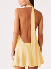 Gathered Waist Backless Halter Dress