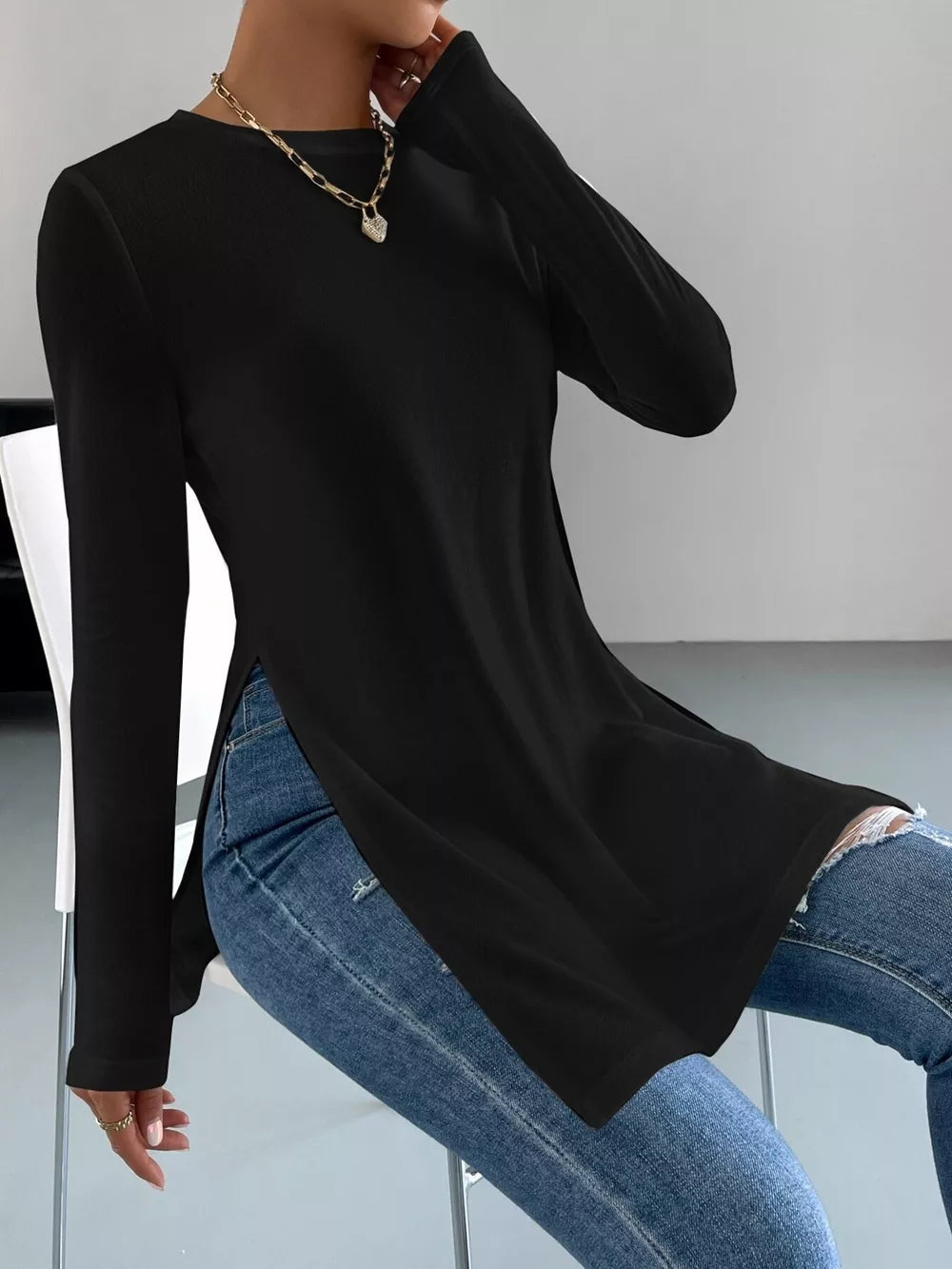 Long Sleeve Side Slit T-shirt in White, alternate angle