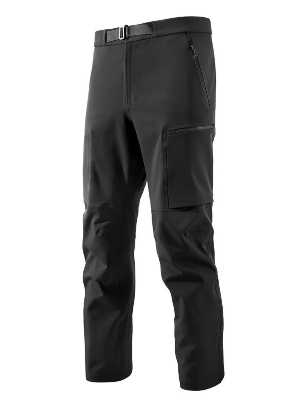Black cargo sweatpants with zippered pockets and a belt.