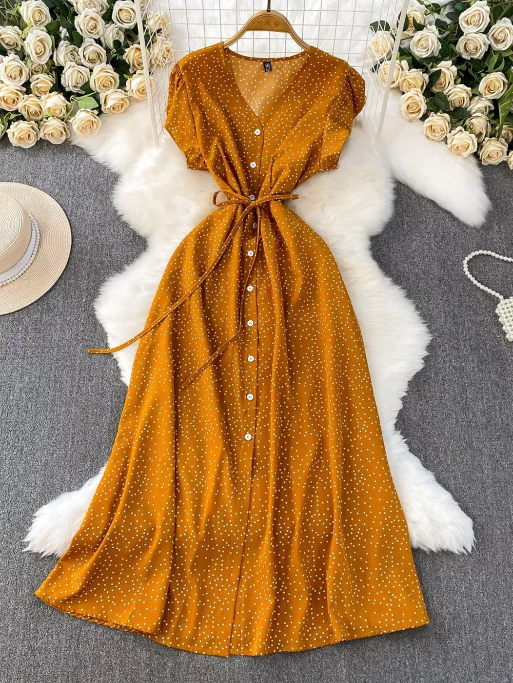 Dark Yellow polka dot maxi dress with belt, V-neck, button front, short sleeves