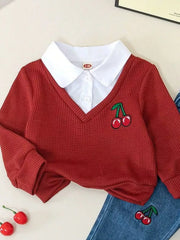Deep Red baby set with white collar shirt and cherry embroidery detail.