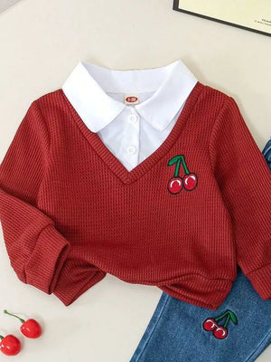 Deep Red baby set with white collar shirt and cherry embroidery detail.