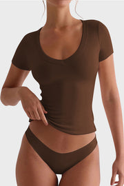 Brown V-neck second-skin tee with short sleeves, shown on a model.