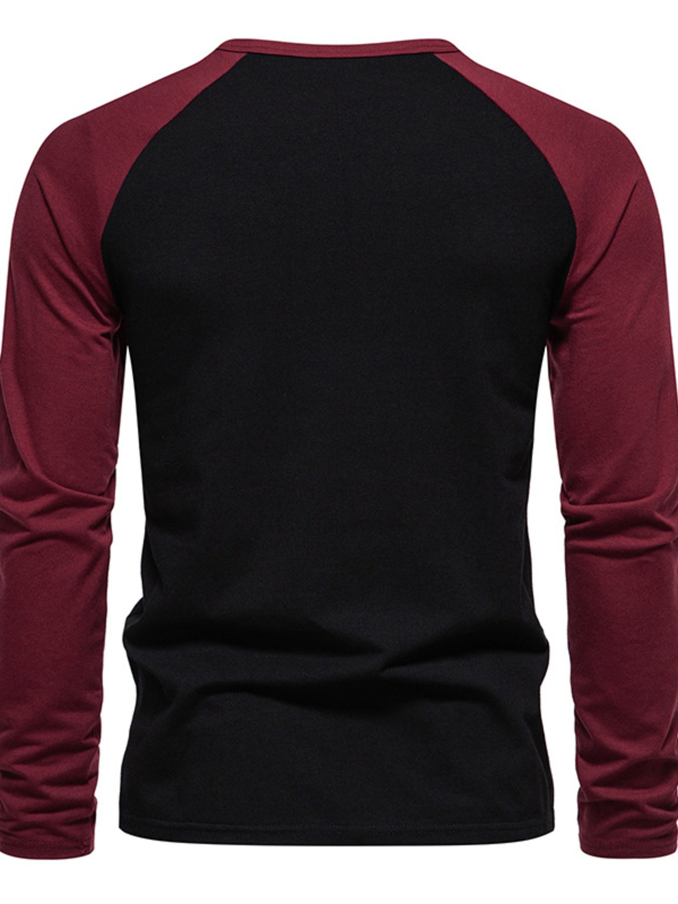 Men's black and wine red long sleeve t-shirt with raglan sleeves.