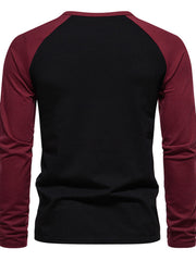 Men's black and wine red long sleeve t-shirt with raglan sleeves.
