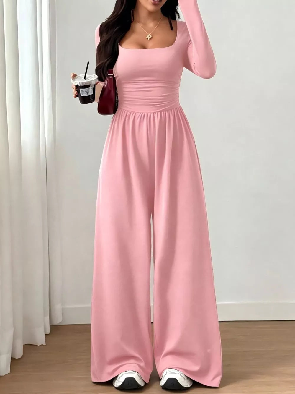 Ruched Square Neck Wide-leg Jumpsuit in Brown, view 19