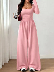 Ruched Square Neck Wide-leg Jumpsuit in Brown, view 19