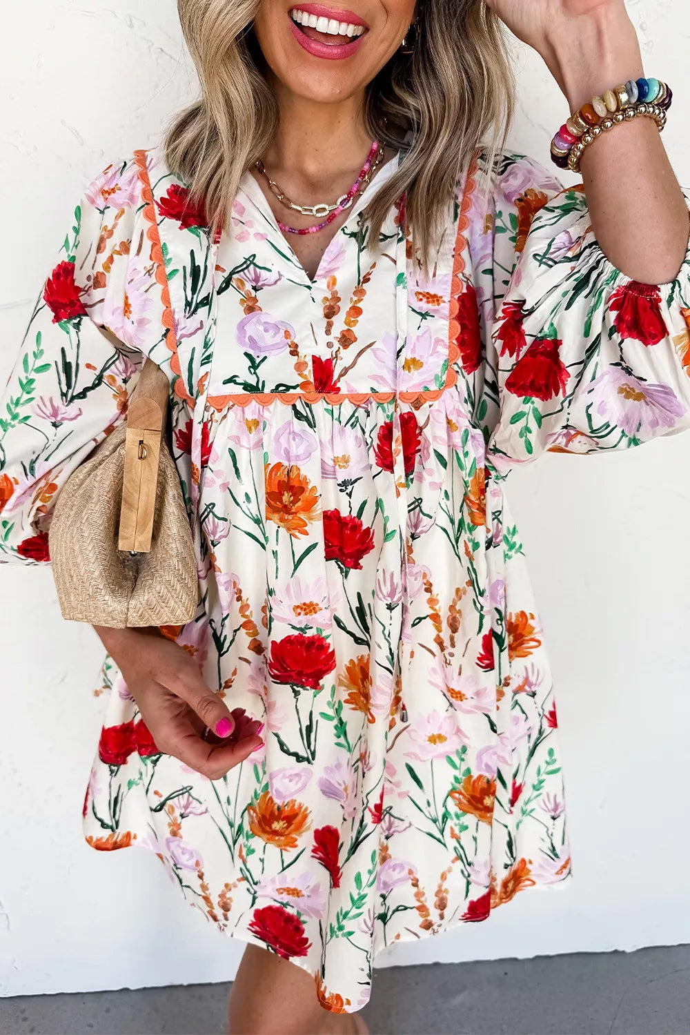 Floral Print 3/4 Puff Sleeve Mini Dress in Floral, front view