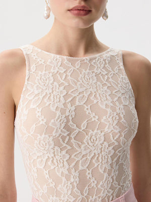 Sheer lace accent tank top in beige, black, or white.