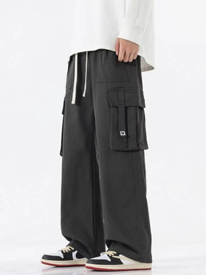 Dark Gray wide-leg cargo sweatpants with drawstring waist and multiple pockets.