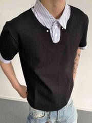 Black layered polo shirt with striped collar and button placket detail