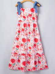 Floral print midi dress with tie shoulders and tiered hem
