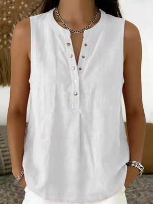 Sleek white sleeveless maternity shirt with snap-down placket and band collar