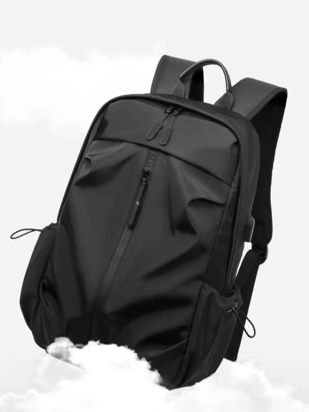 Black nylon drawstring backpack with zippered front pocket and side cinches.