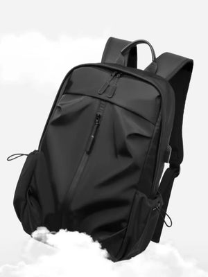 Black nylon drawstring backpack with zippered front pocket and side cinches.